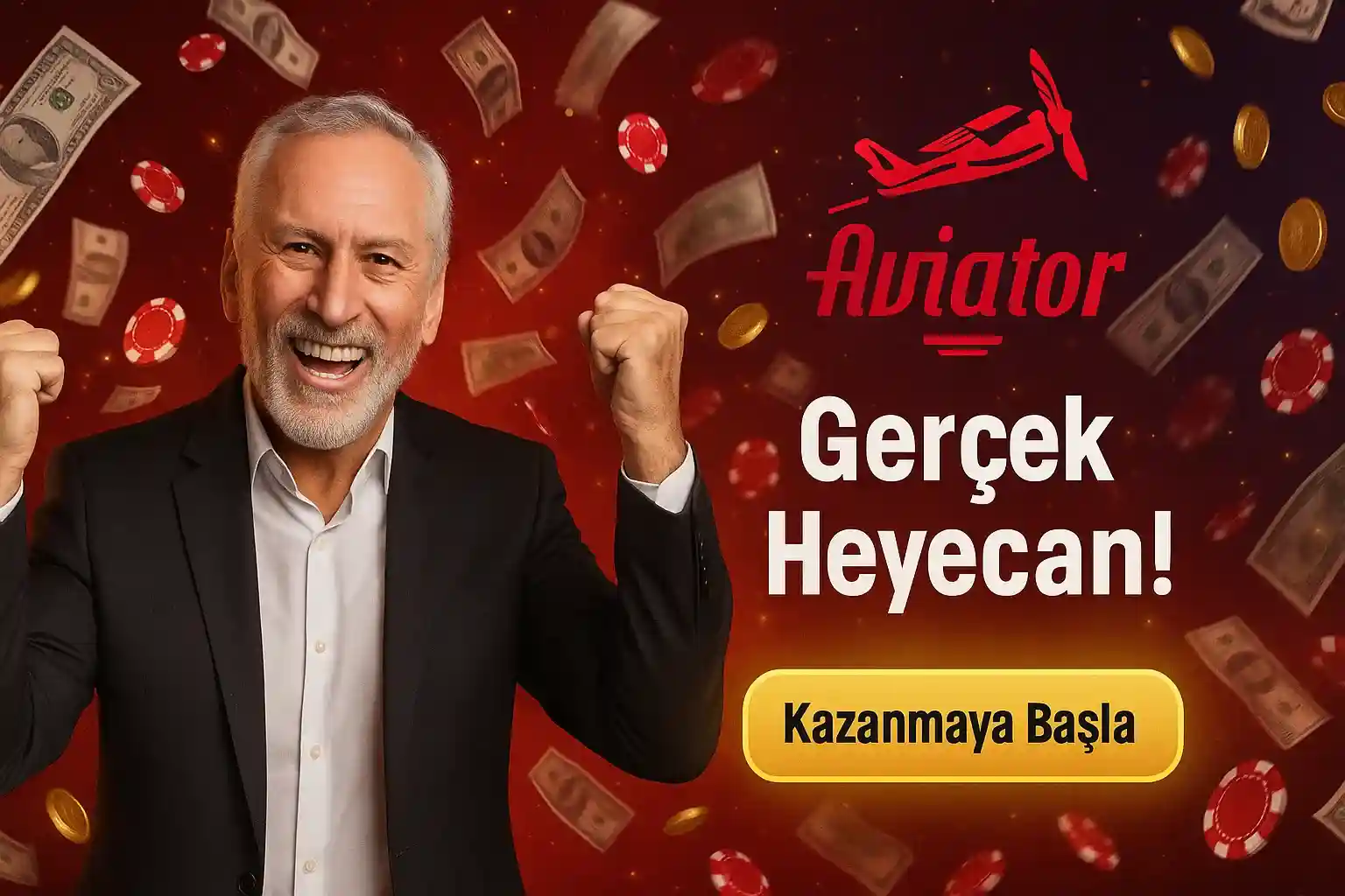 Aviator gerçek heyecan, yaşlı adam para ve poker fişleri arasında gülüyor kazanmaya başla butonu