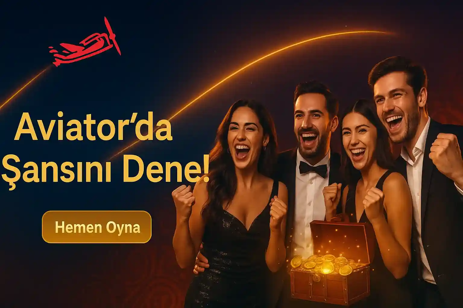 Aviator'da şansını dene, dört kişilik mutlu grup altın hazine sandığı altın eğri çizgi hemen oyna butonu