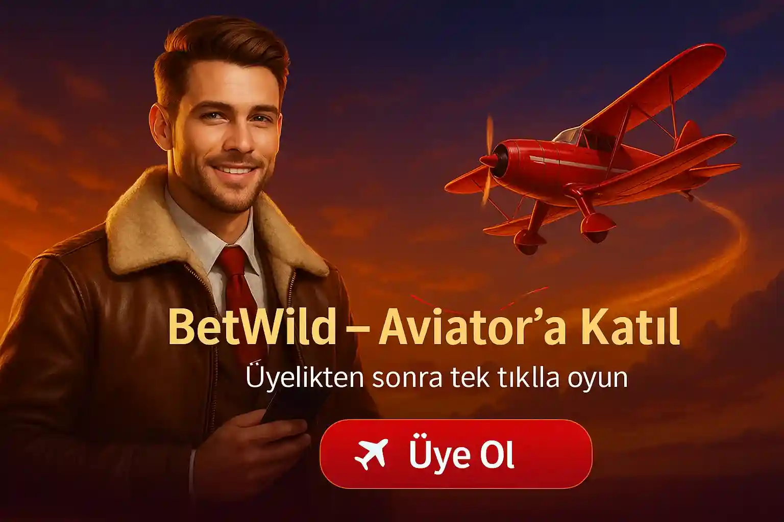 BetWild Aviator'a katıl, pilot ceketli gülen erkek kırmızı uçak, üyelikten sonra tek tıkla oyun üye ol butonu