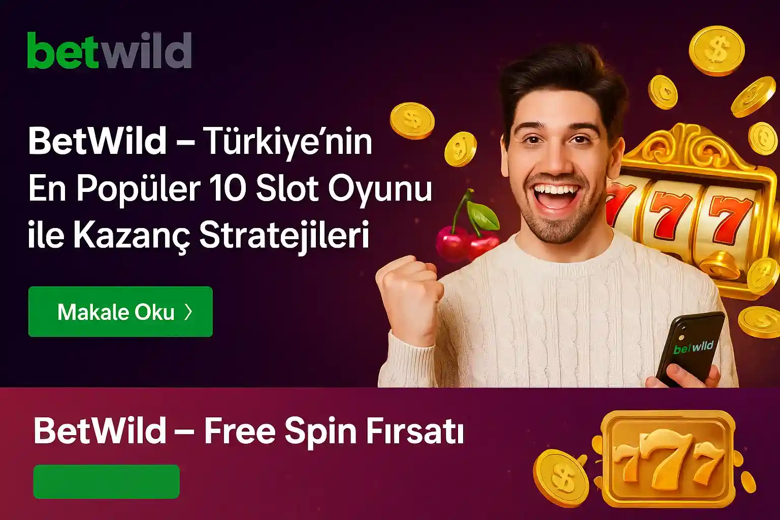BetWild Türkiye'nin en popüler 10 slot oyunu ile kazanç stratejileri - mutlu oyuncu telefonda BetWild uygulaması ile altın paralar
