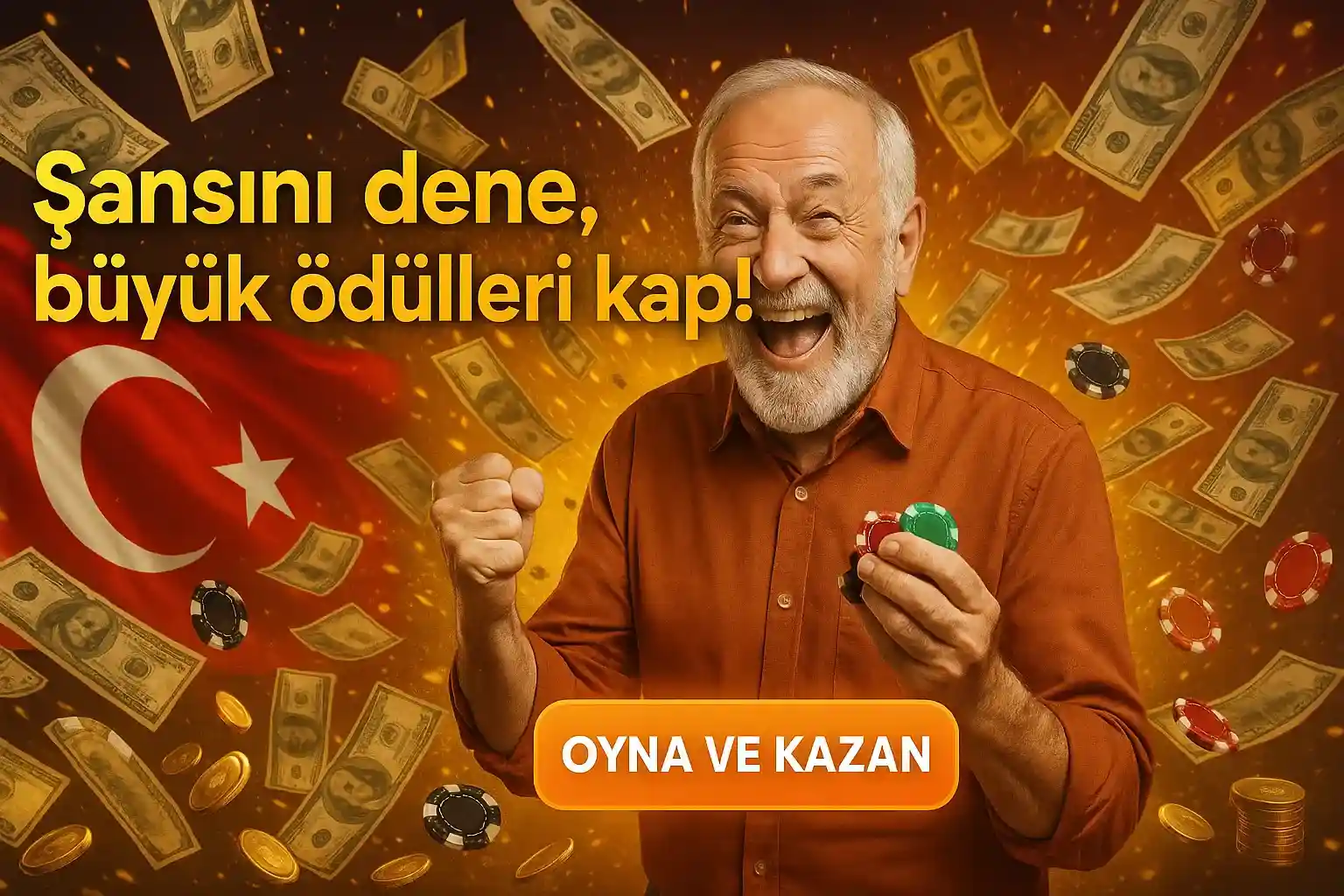 Türk bayraklı şansını dene büyük ödüller kap, yaşlı adam poker fişi para tutarken gülerken oyna ve kazan