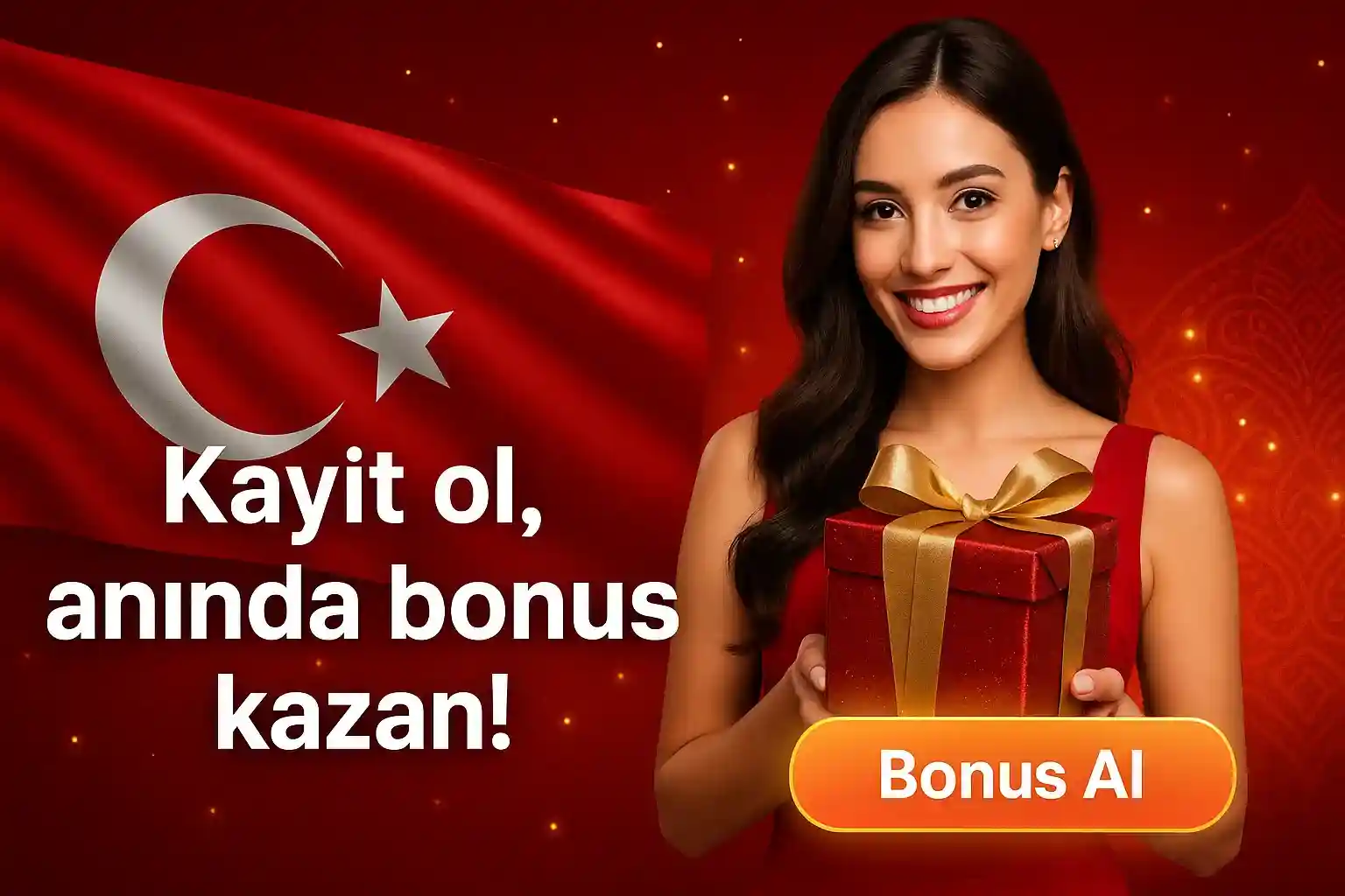Türk bayraklı kayıt ol anında bonus kazan, gülen kadın altın kurdelalı kırmızı hediye paketi bonus al butonu