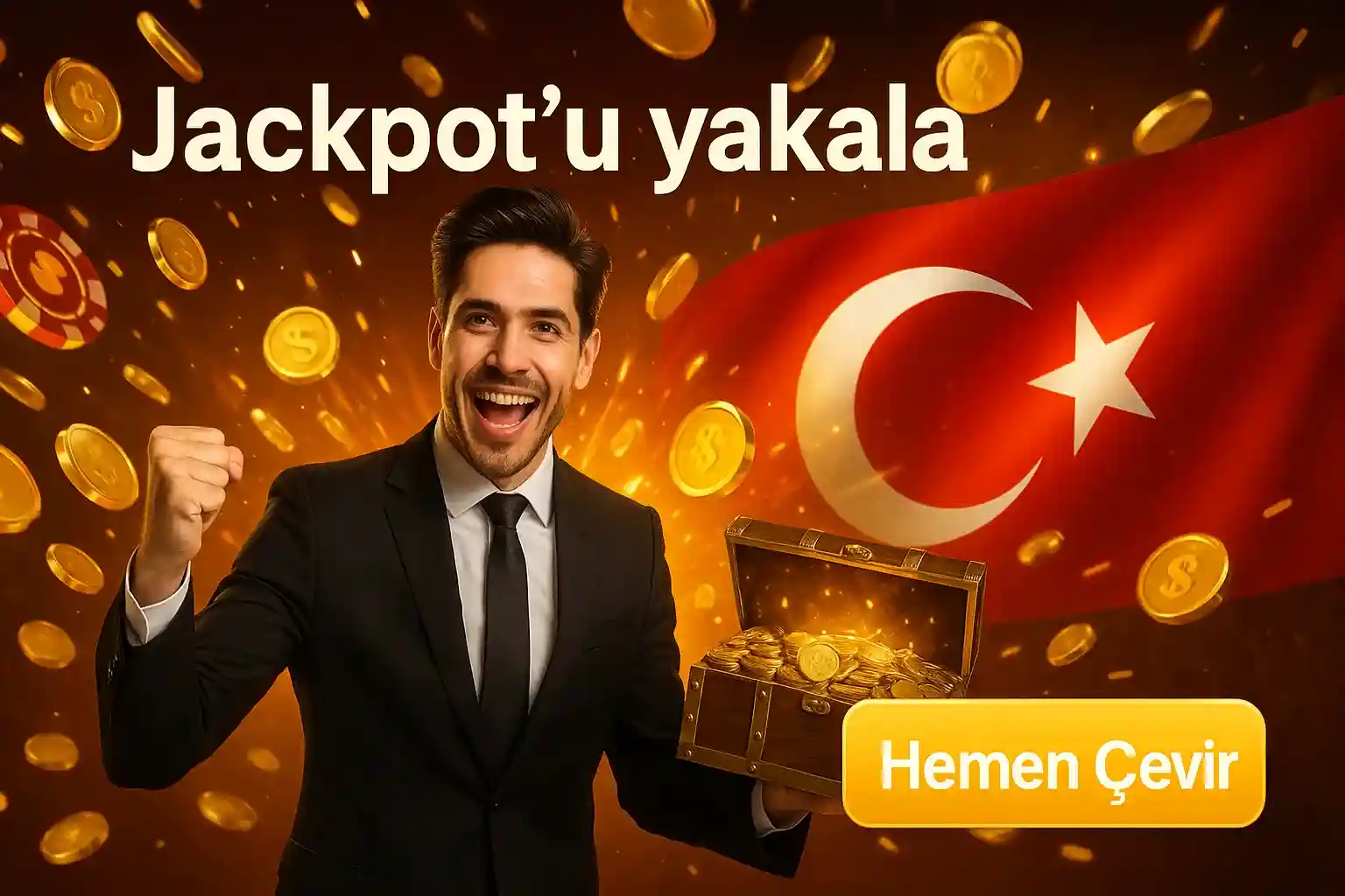 BetWild jackpot'u yakala, Türk bayraklı mutlu erkek altın hazine sandığı tutarken sikkeler saçılıyor hemen çevir