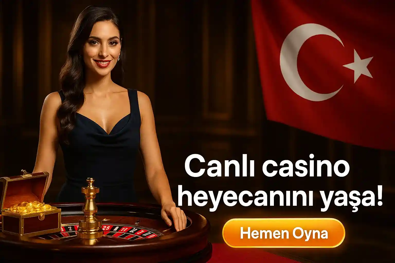BetWild Türk bayraklı canlı casino heyecanını yaşa, gülen kadın krupiye rulet masası altın hazine sandığı