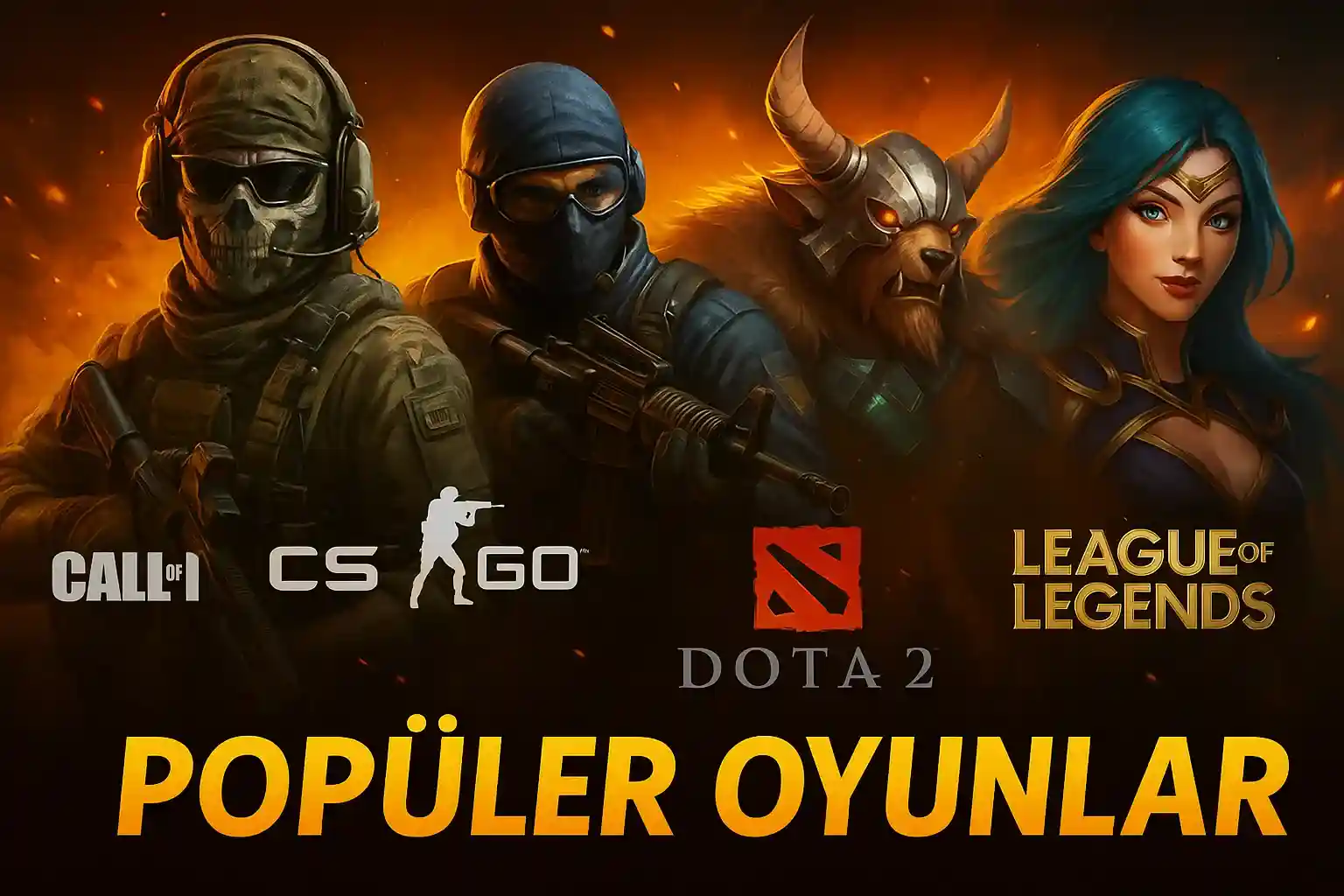 Popüler oyunlar, Call of Duty CS2 Dota 2 League of Legends karakterleri savaşçı ninja büyücü kadın