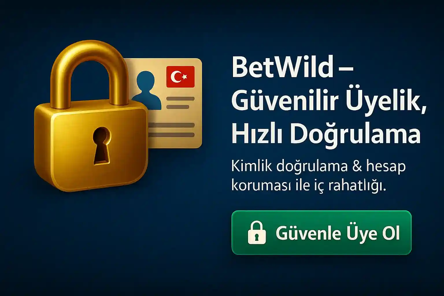 BetWild güvenilir üyelik hızlı doğrulama, altın kilit Türk bayraklı güvenlik kartı kimlik doğrulama hesap koruması