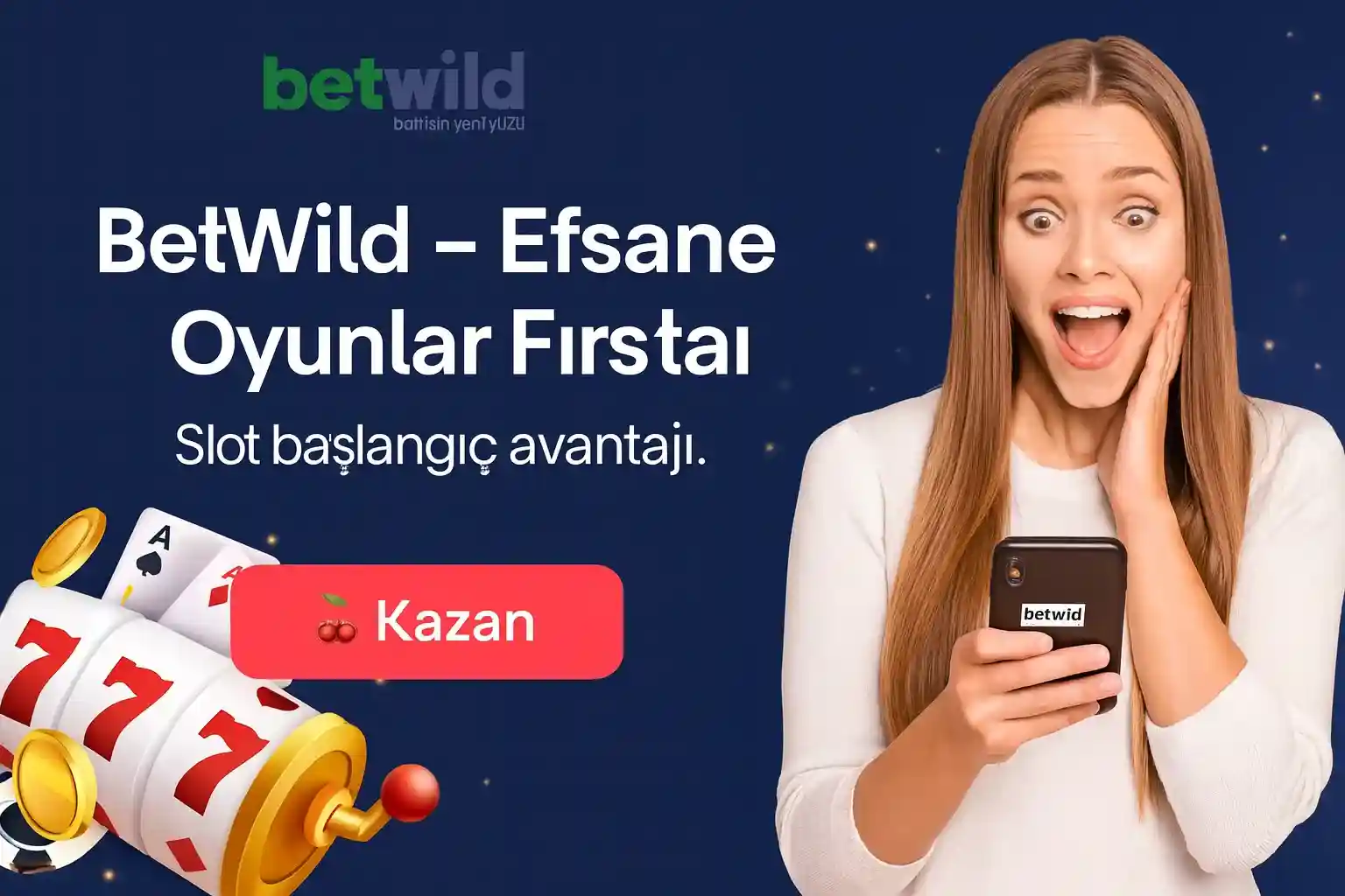 BetWild efsane oyunlar fırsatı, şaşkın kadın telefon tutuyor slot başlangıç avantajı kazan butonu casino oyunları