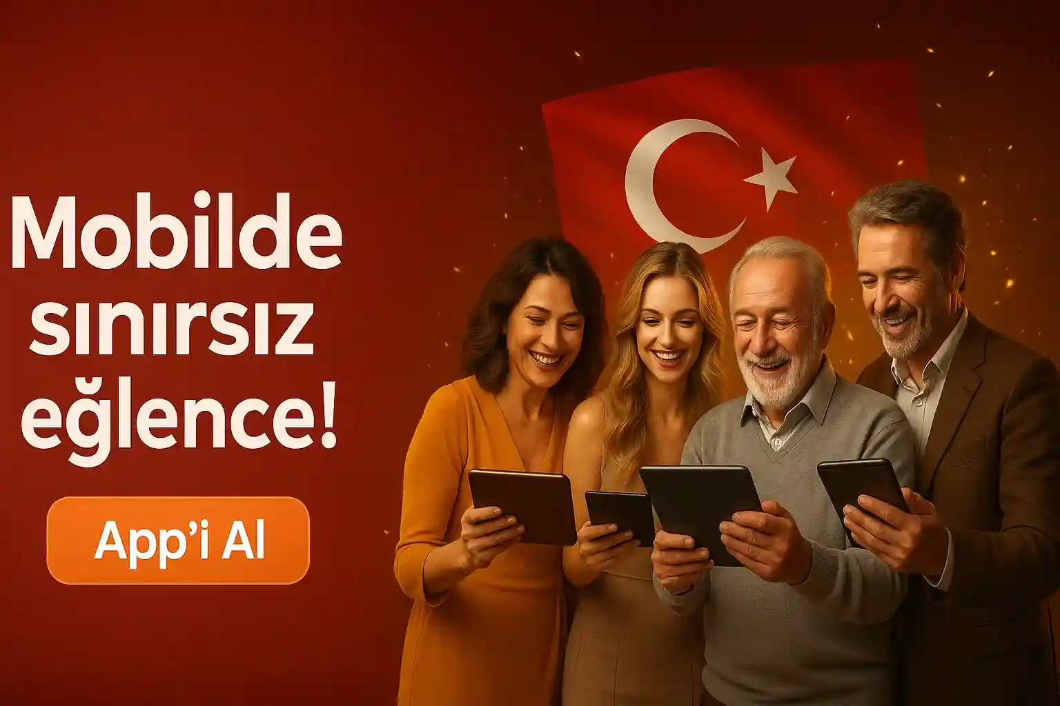 BetWild mobilde sınırsız eğlence, Türk bayraklı dört kişilik aile telefon kullanıyor app indir butonu