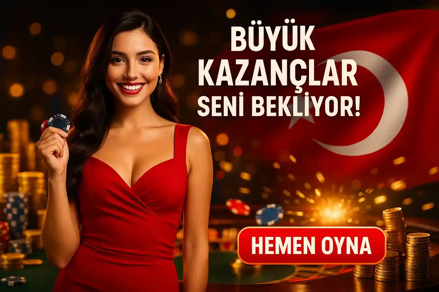 Büyük kazançlar seni bekliyor, Türk bayraklı kırmızı elbiseli gülen kadın poker fişi tutuyor casino atmosferi