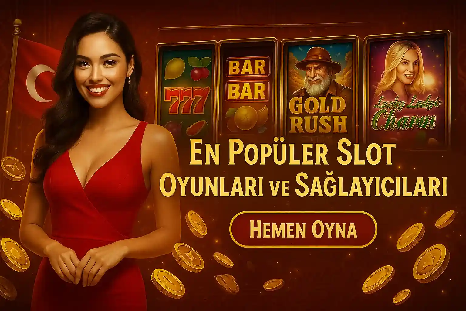 Türk bayraklı kırmızı elbiseli kadın, en popüler slot oyunları Gold Rush Lucky Lady's Charm sağlayıcıları altın sikkeler